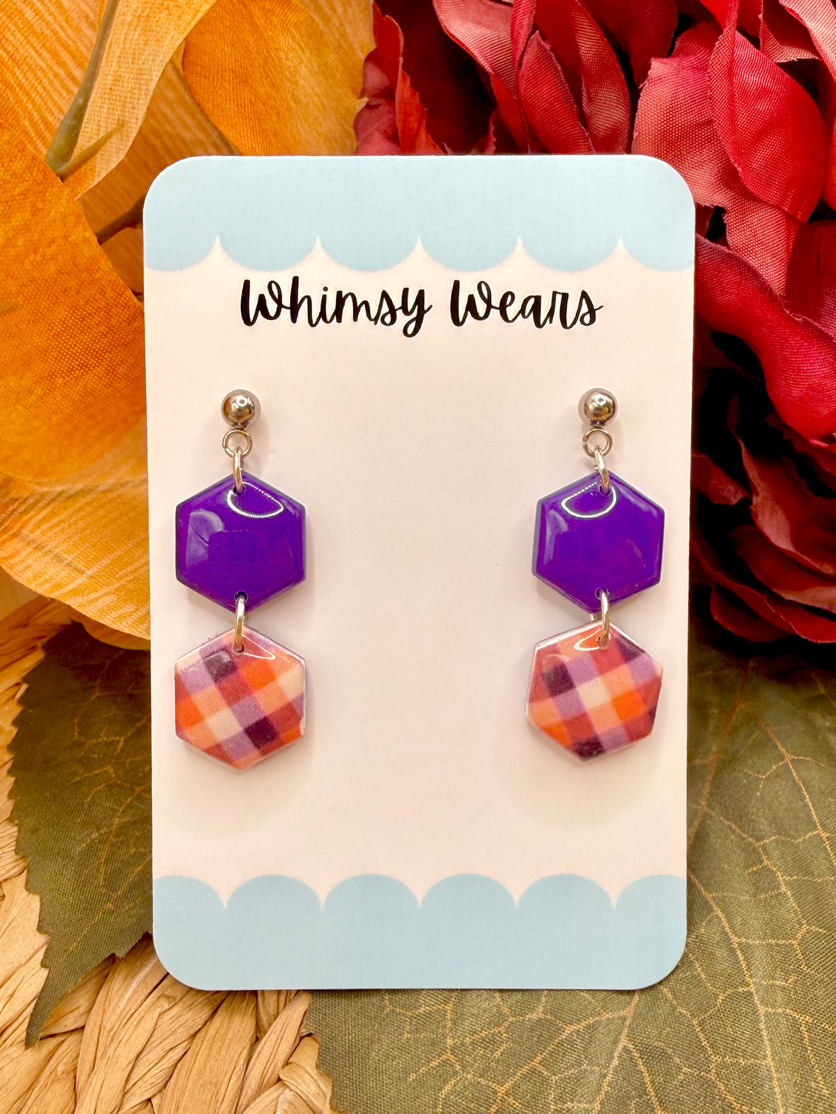 Purple and Orange Plaid Dangles