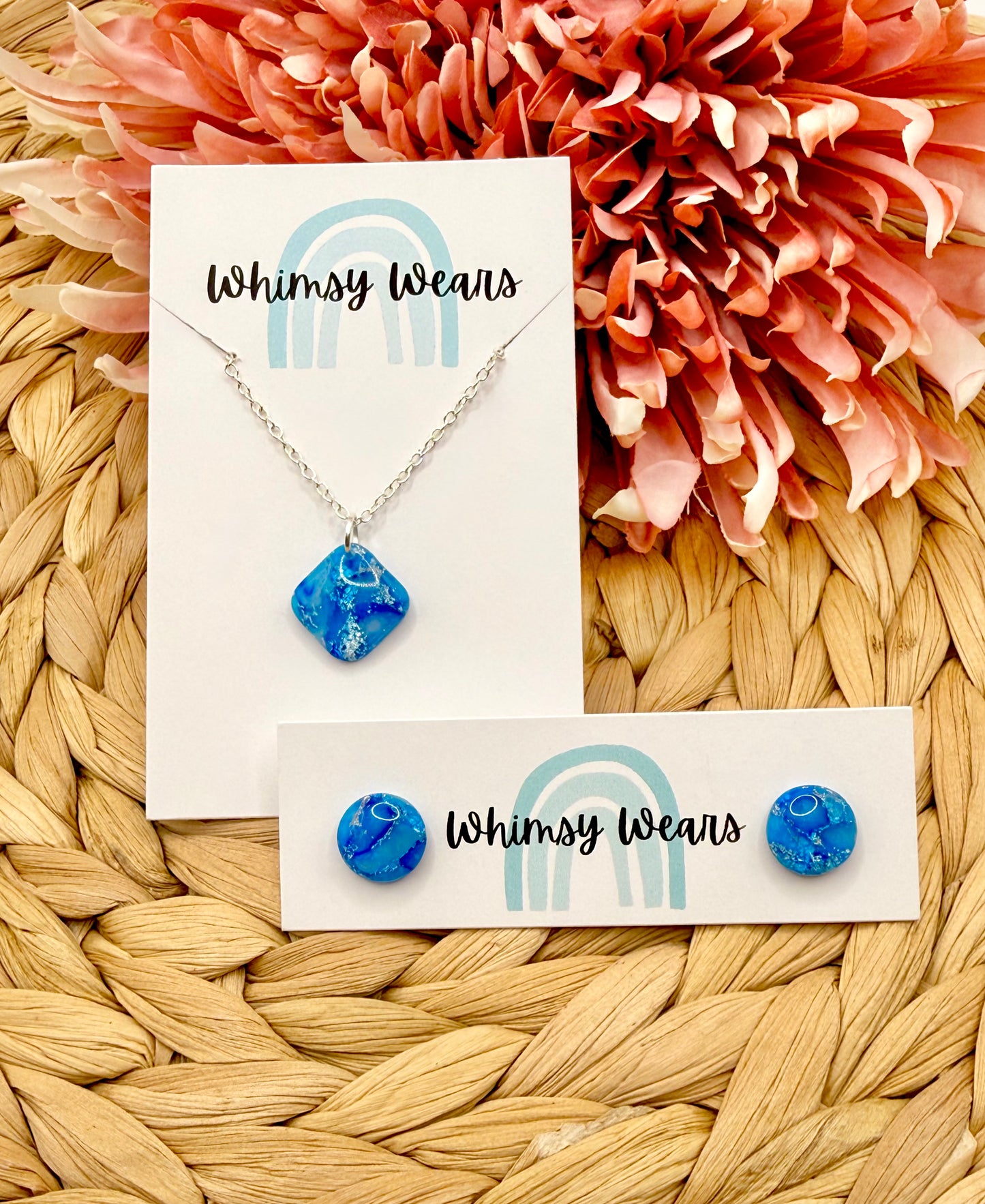 Blue Marbled Necklace & Stud Set